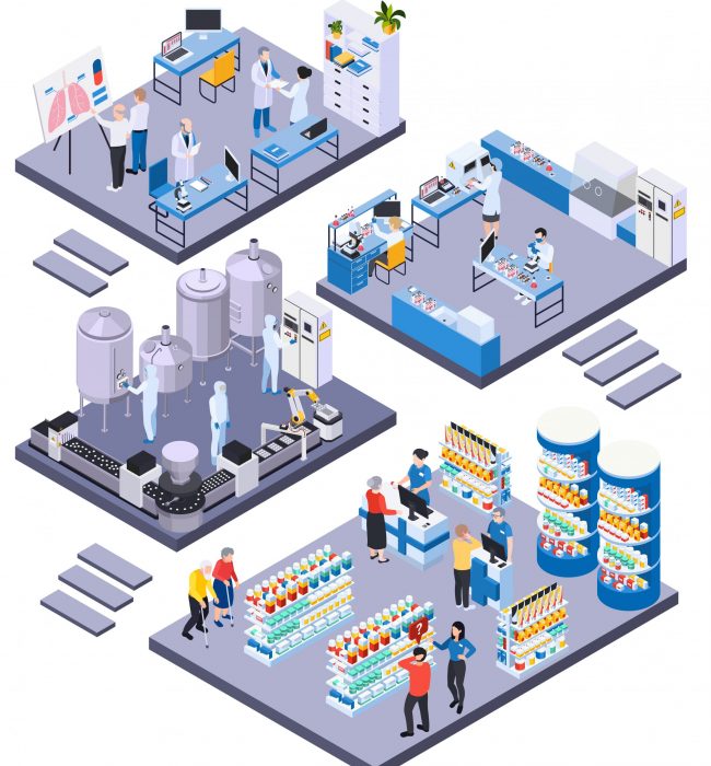 Isometric composition with interior of pharmacy scientific manufacturing laboratory with modern equipment characters of scientists customers pharmacists isolated vector illustration